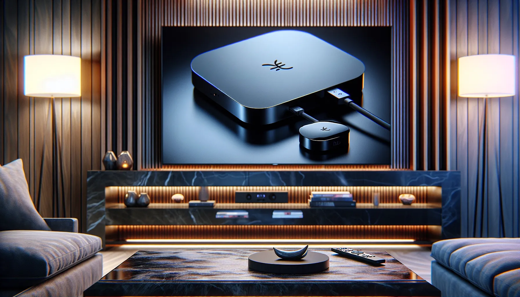 A Roku streaming stick connected to a modern TV in a stylish living room.
