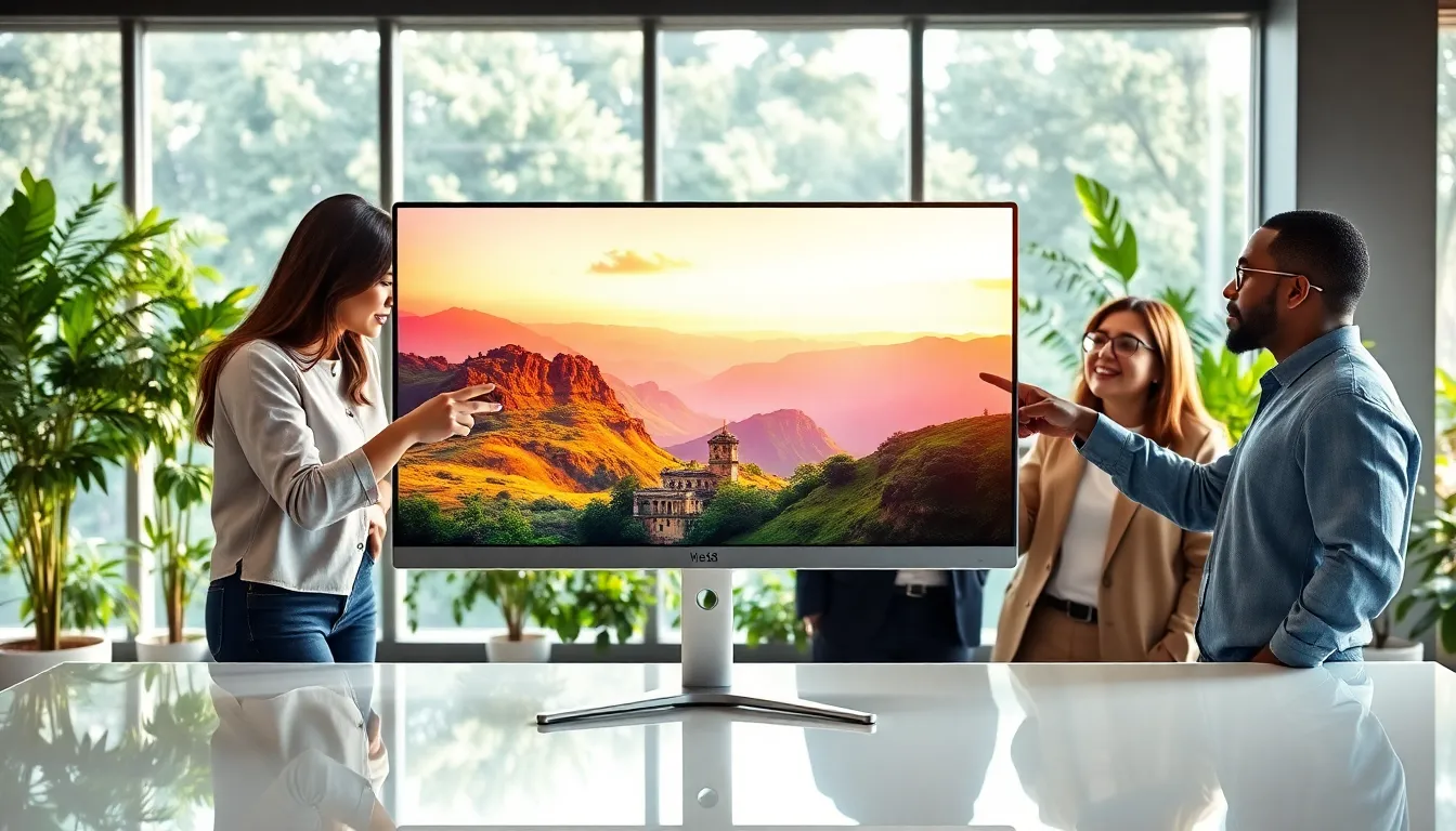 Group of professionals discussing vibrant IPS monitor in a modern office.