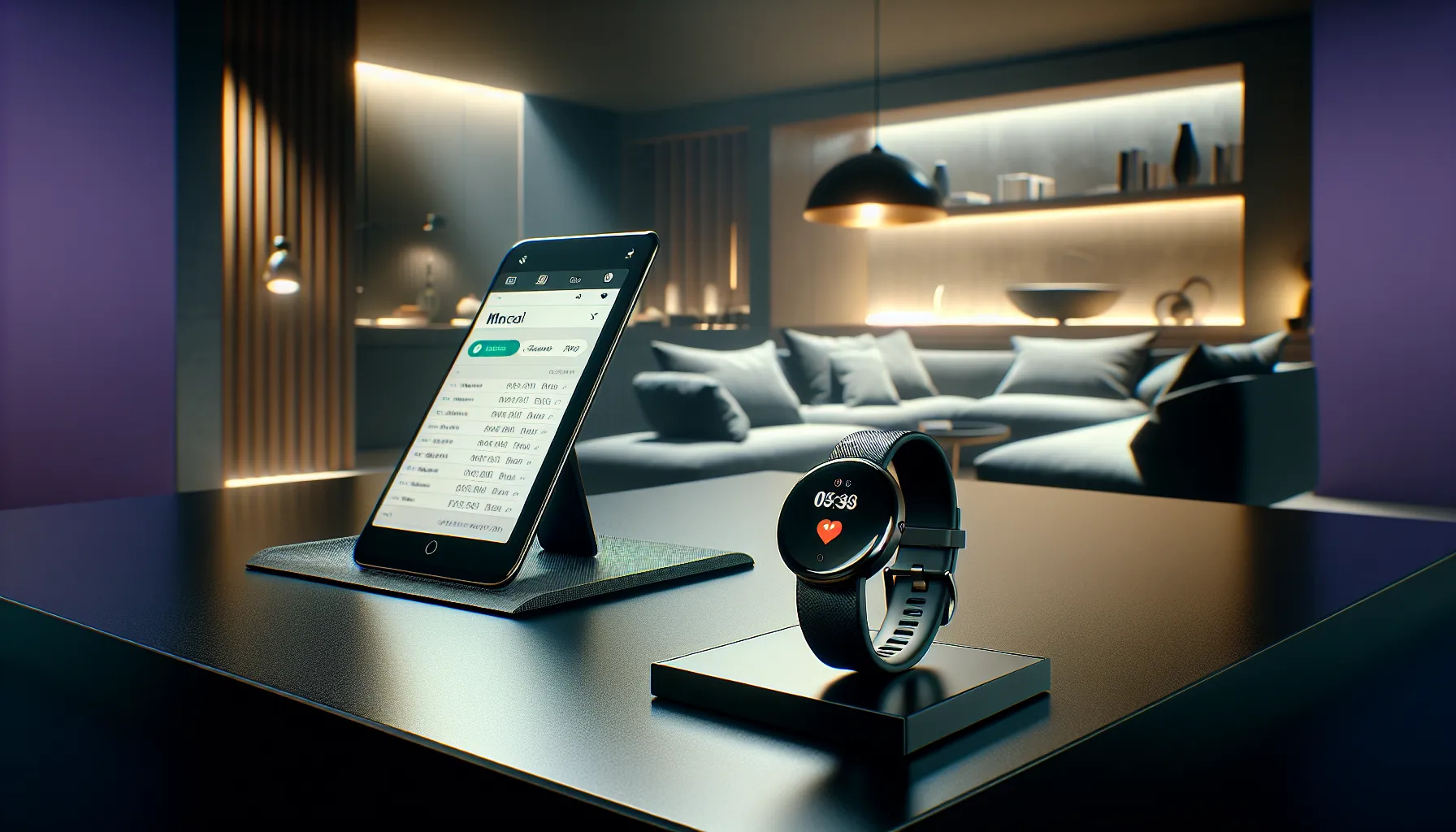 A smartwatch and a fitness tracker displayed on a wooden table.