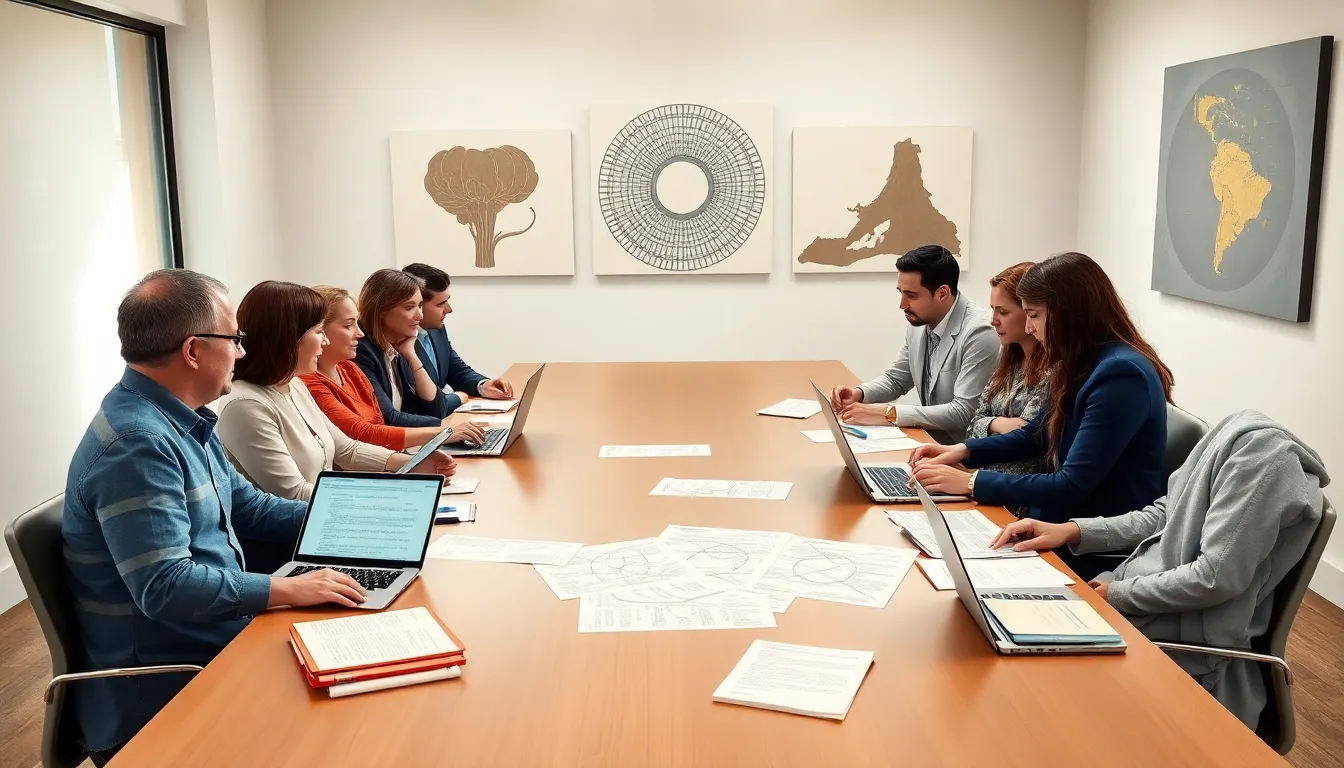 diverse scholars discussing ancient texts in a modern seminar room.