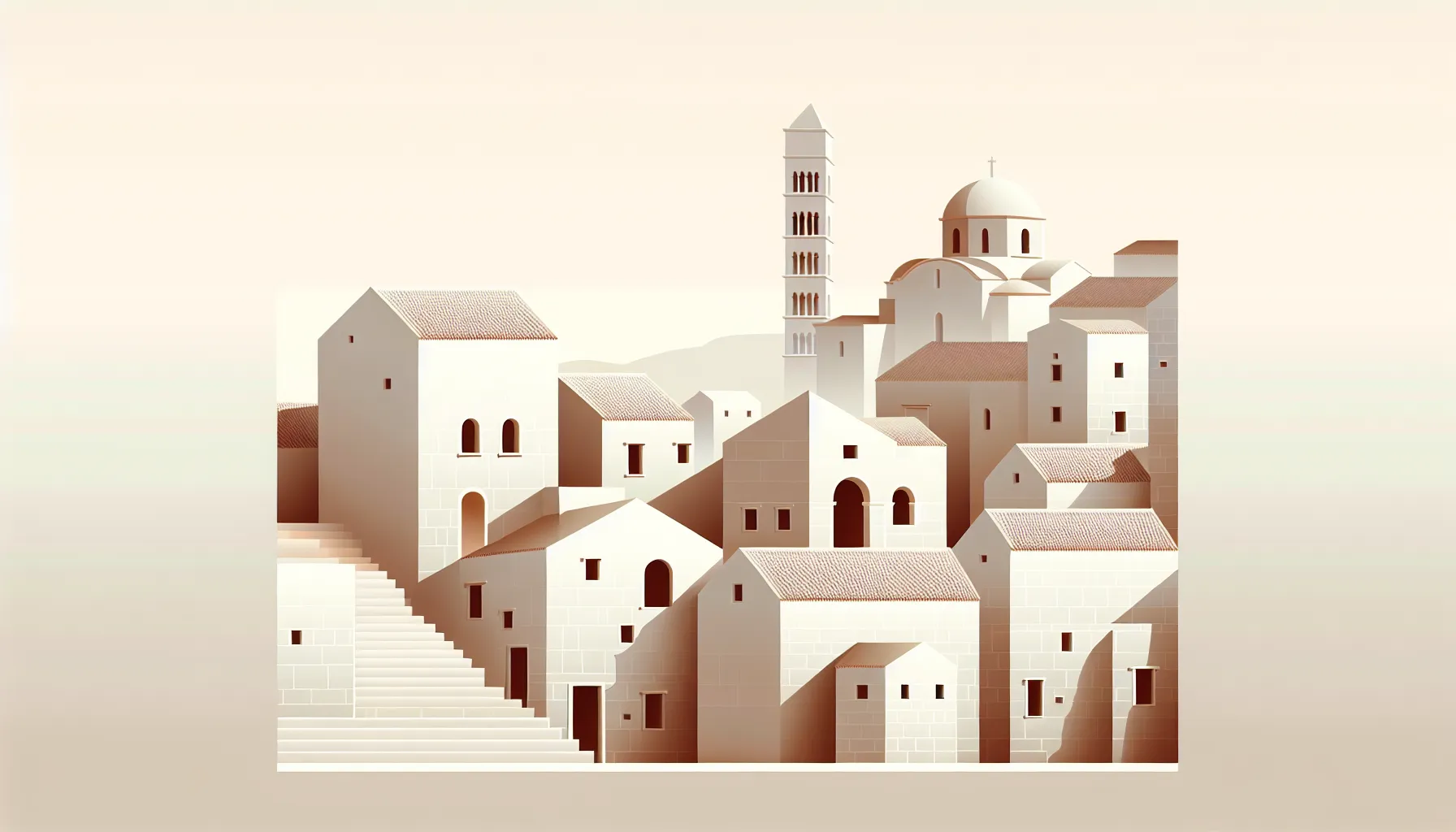 Minimalist Dalmatian stone buildings with bell tower in soft Mediterranean light