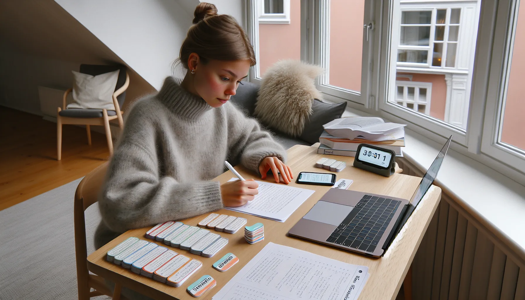 Norwegian student using active study methods at a bright desk in oslo.