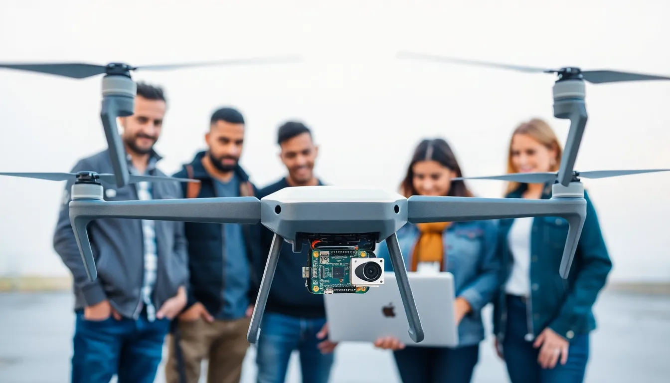 Drone with Raspberry Pi Zero and professionals discussing technology outdoors.