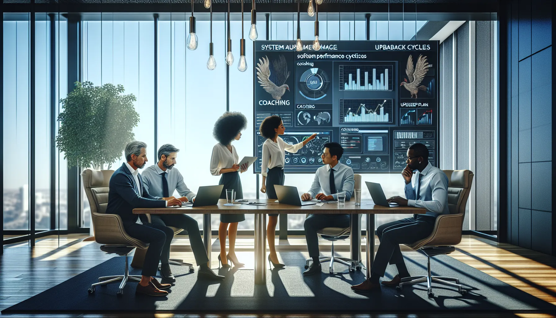 diverse team discussing post-software upgrade strategies in a modern office.