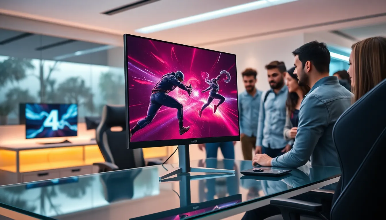 diverse gamers in a modern workspace with a vibrant OLED gaming monitor.