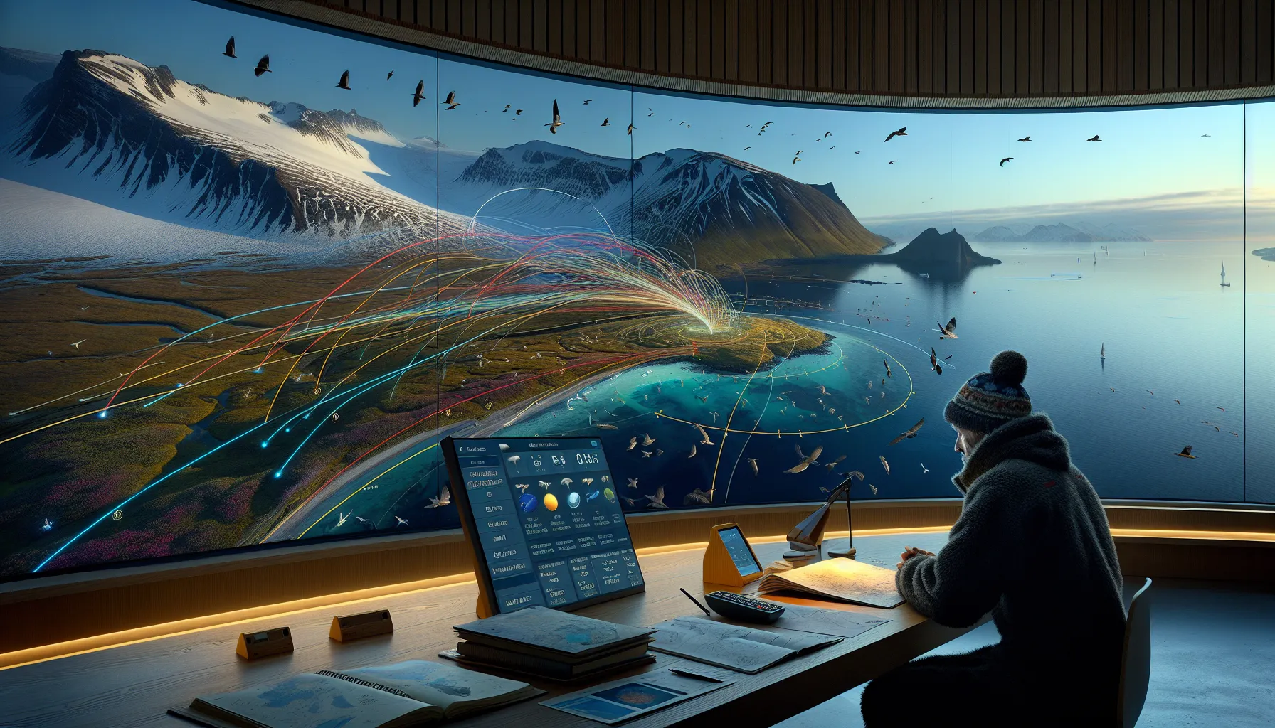 Norwegian researcher studies satellite-tracked bird migration routes over a coastal arctic landscape.