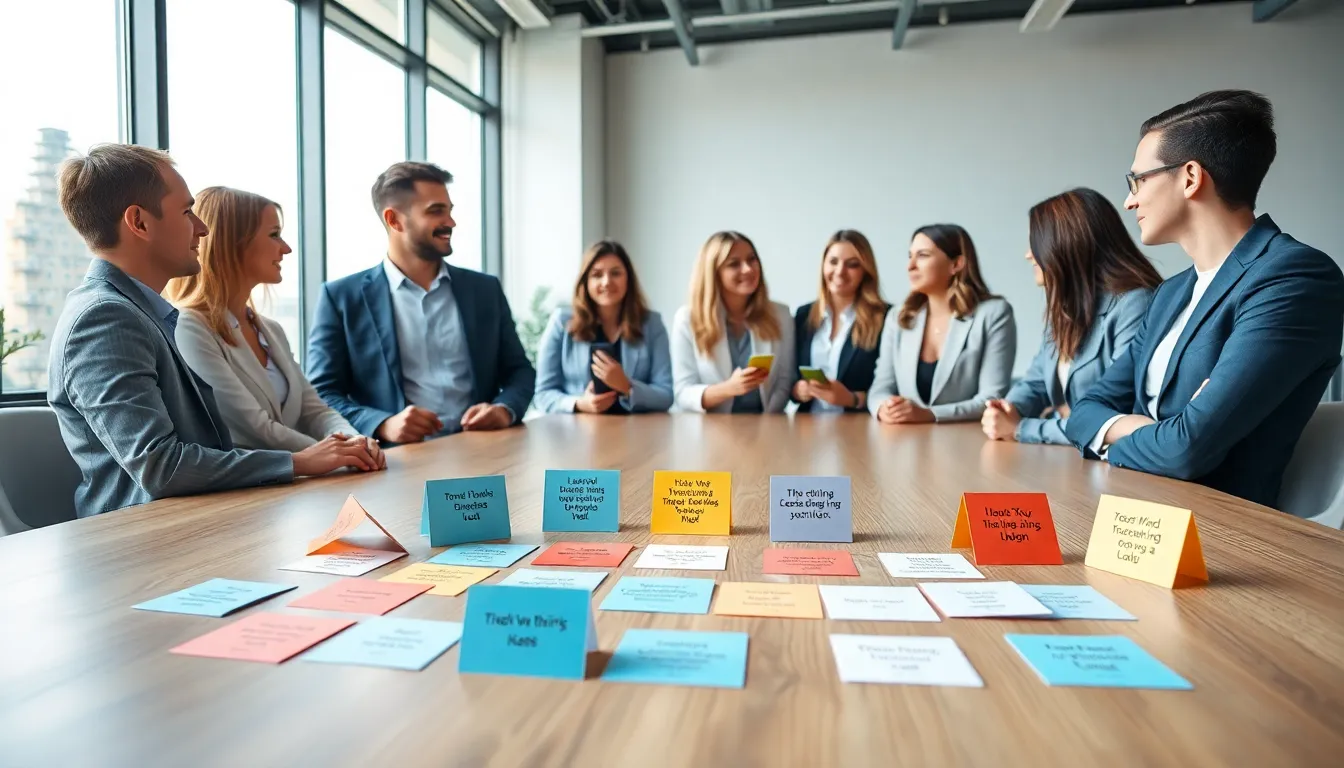 diverse professionals brainstorming with creative thinking cards in an office.