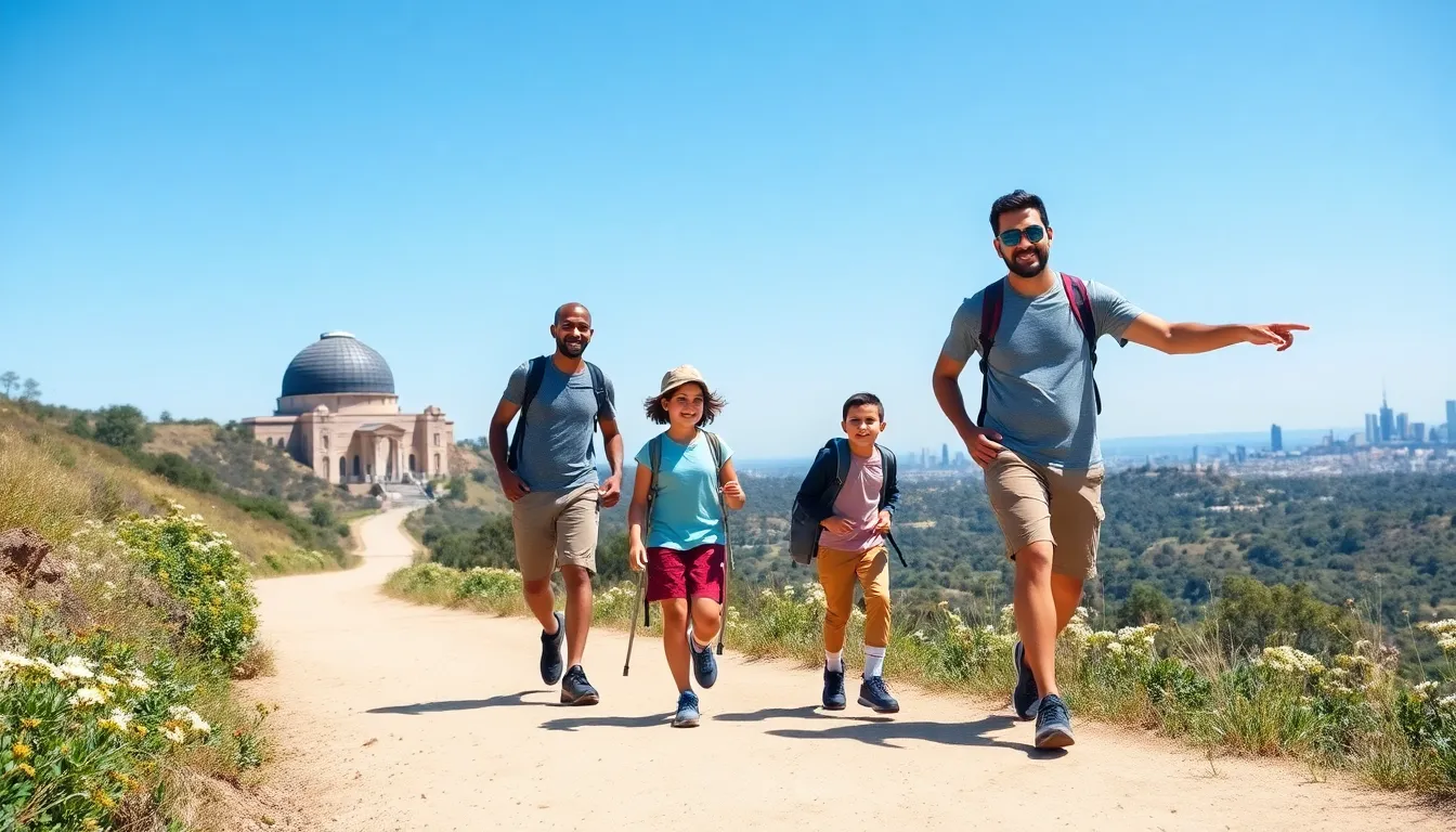 family hiking together in Griffith Park, Los Angeles.