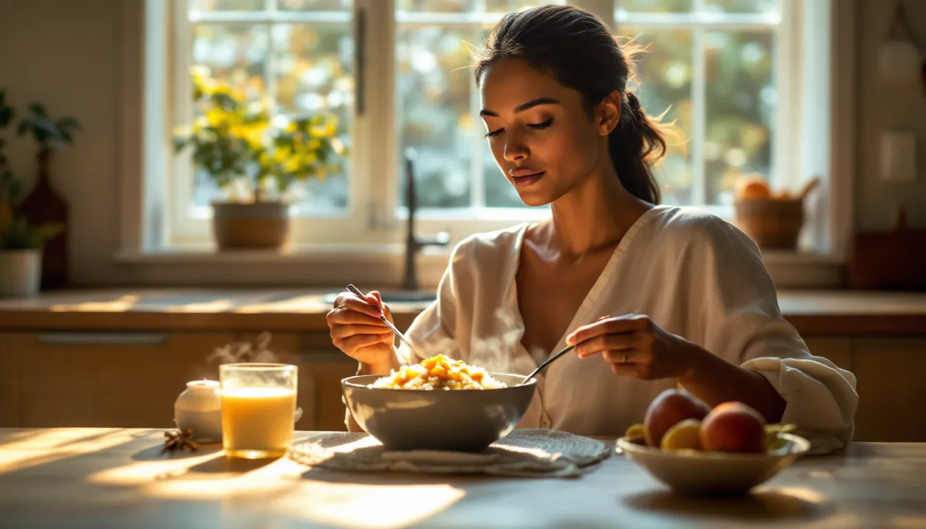 Woman mindfully eating a warm, nourishing Ayurvedic meal in sunlit kitchen.