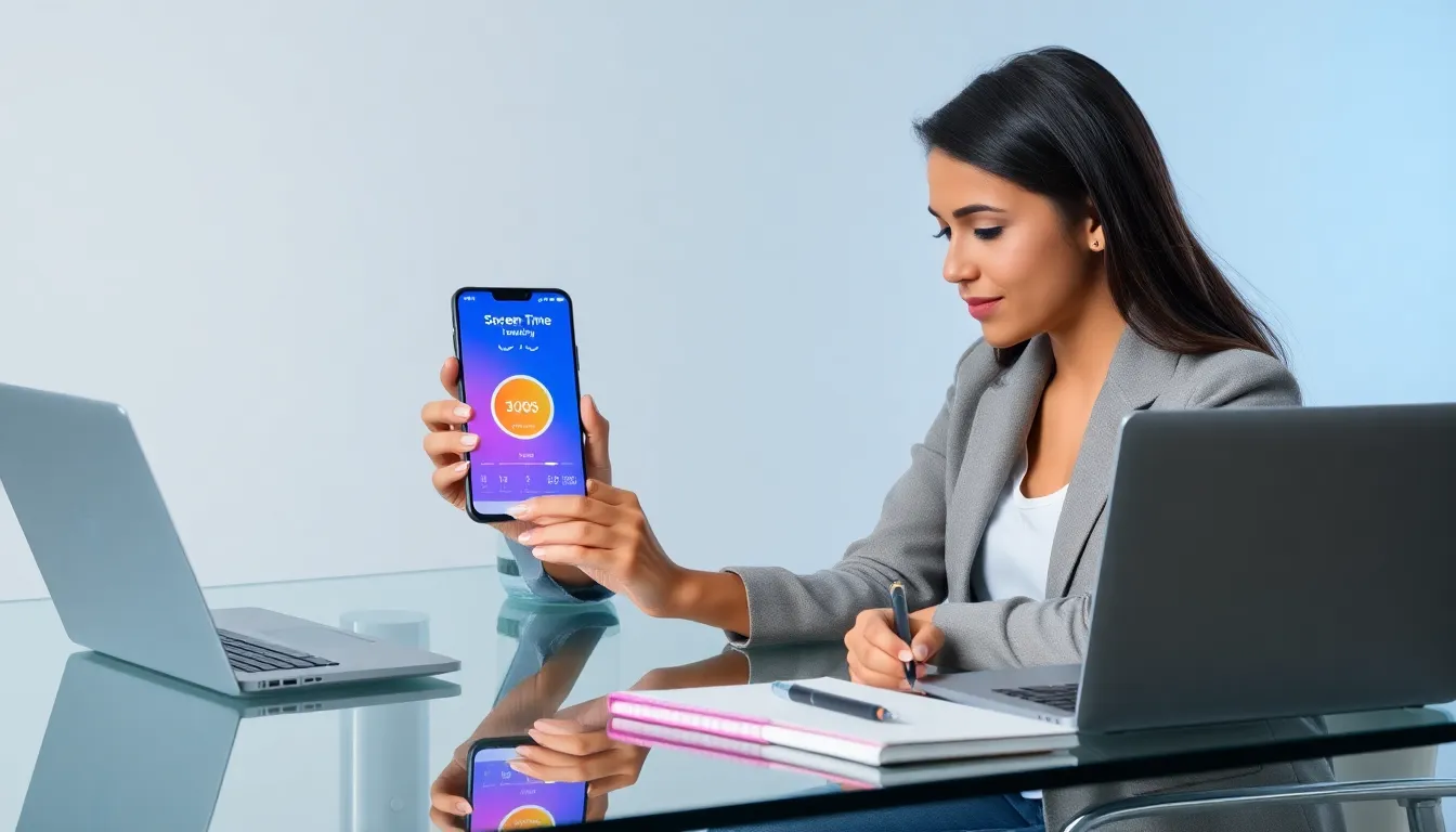 person checking screen time on a Samsung smartphone in a modern office.