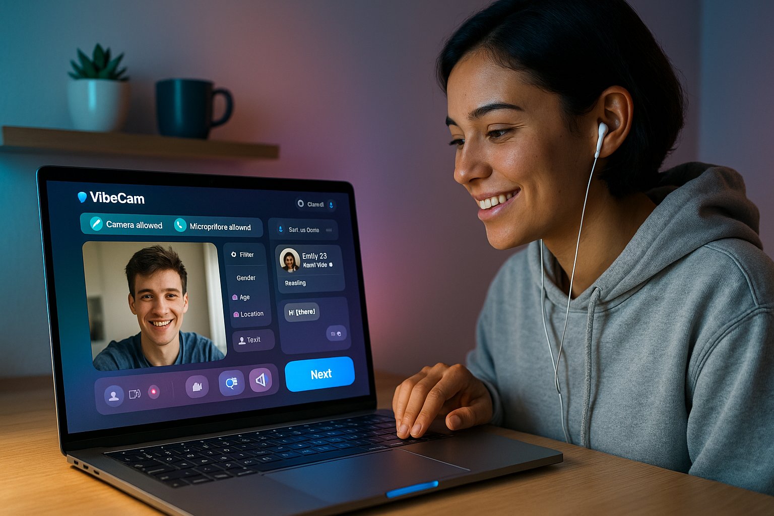 Person smiling at laptop showing VibeCam chateek video chat UI.