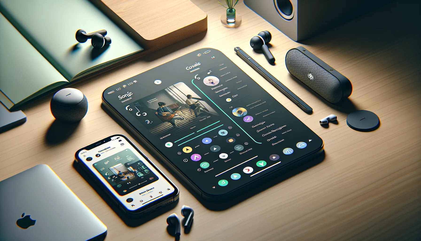 Smartphones showing Apple Music and Spotify interfaces on a wooden desk.