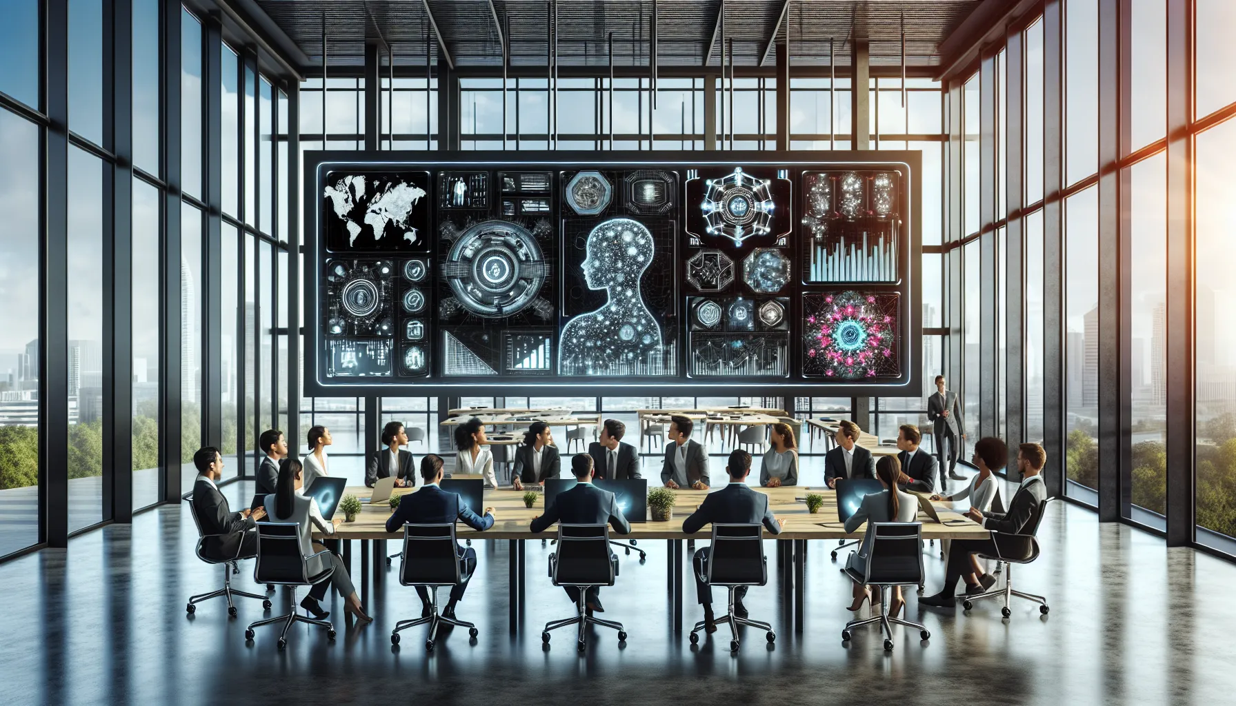 diverse team discussing AI and blockchain innovations in a modern office.