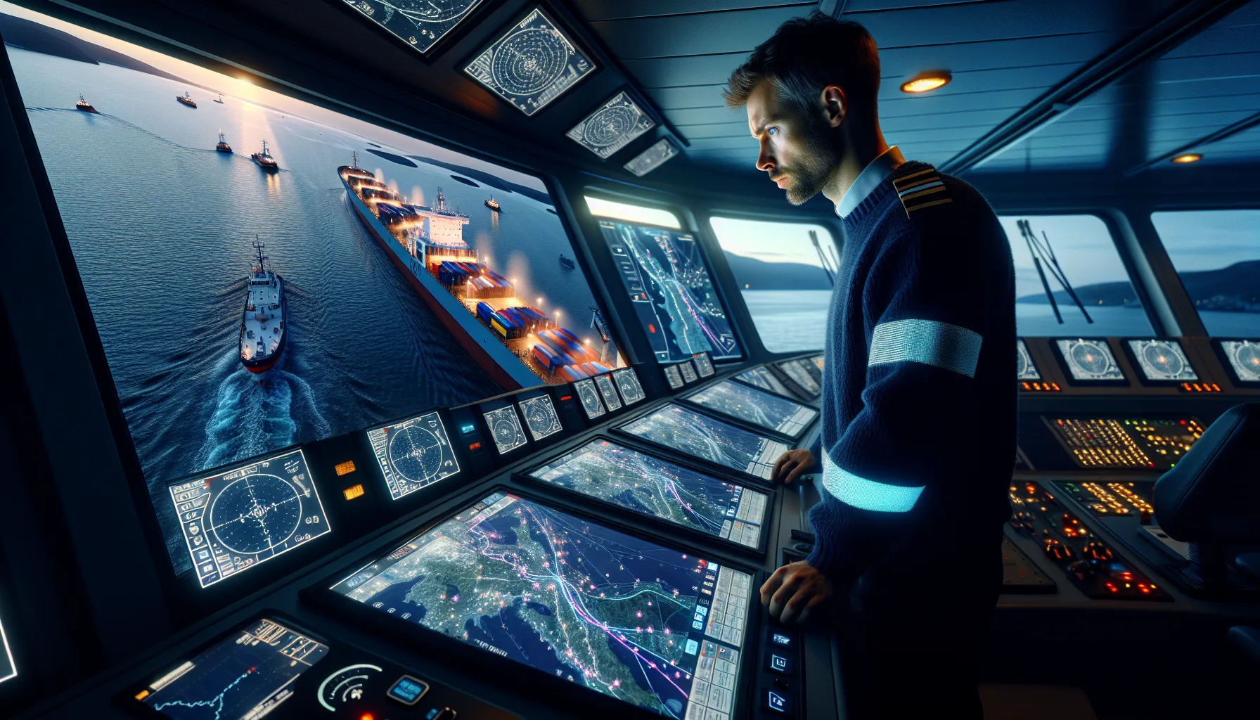 Ship officer on high-tech bridge using satellite data in busy norwegian fjord.