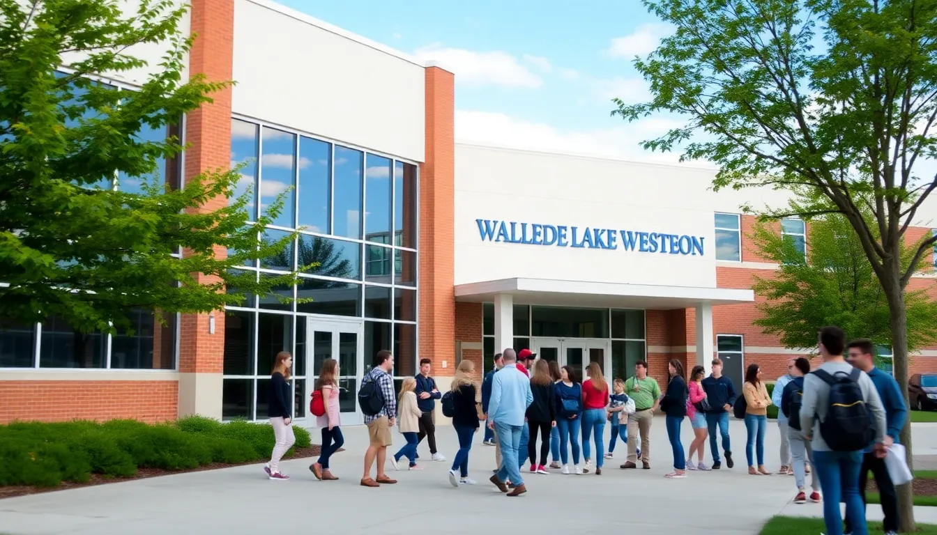 Walled Lake Western High School with students interacting in front.
