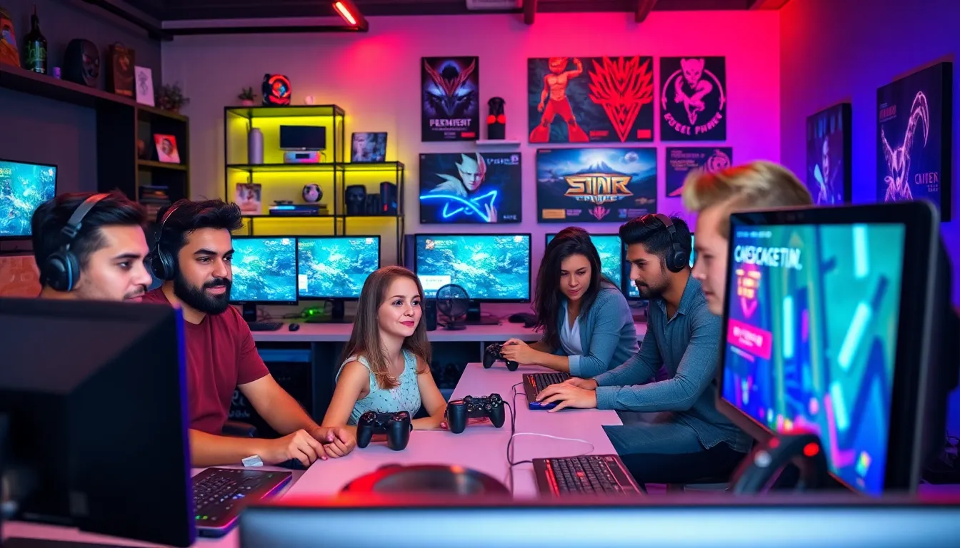 diverse gamers in a modern gaming room with vibrant lighting.