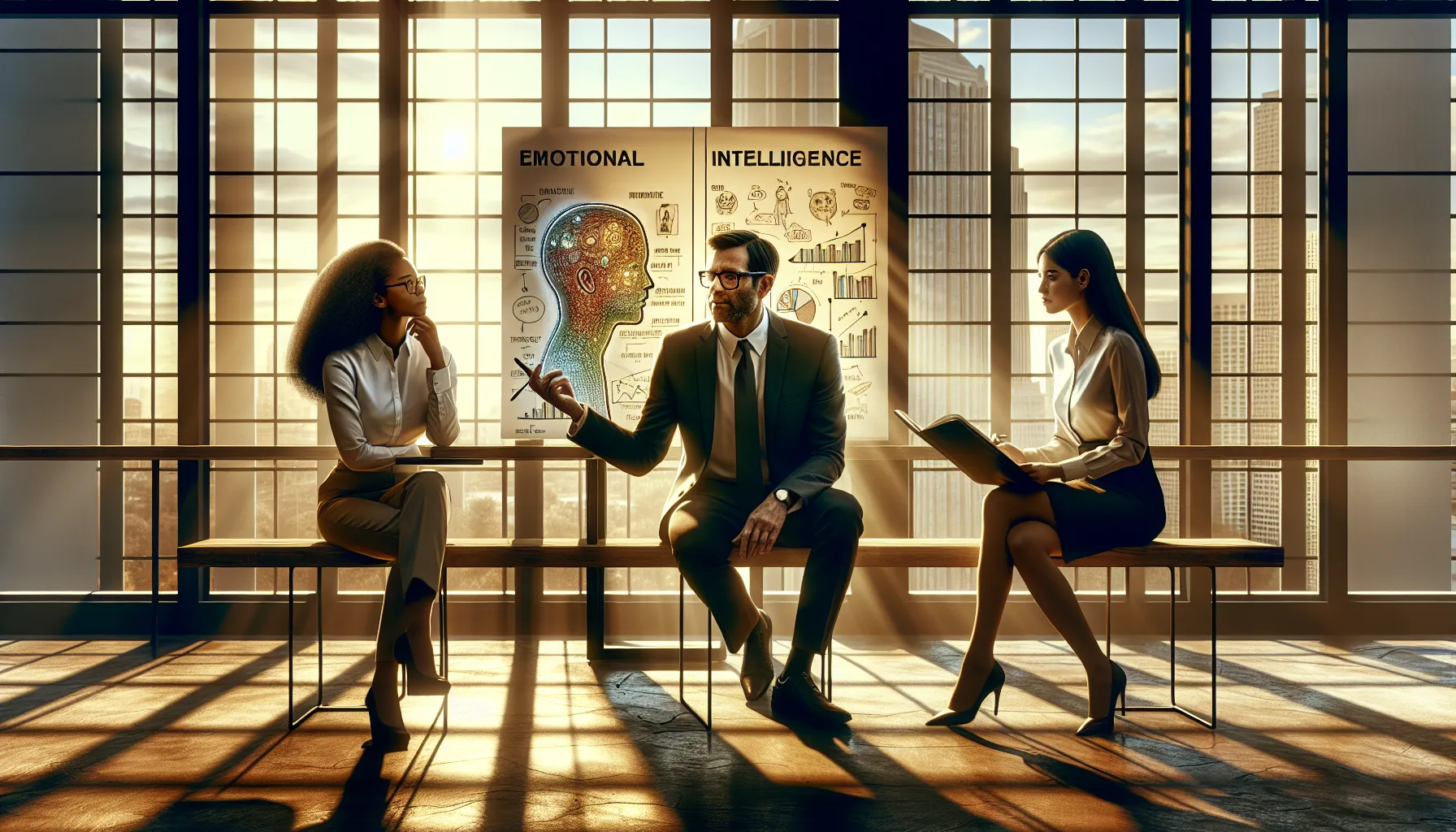three professionals discussing emotional and creative intelligence in a modern office.