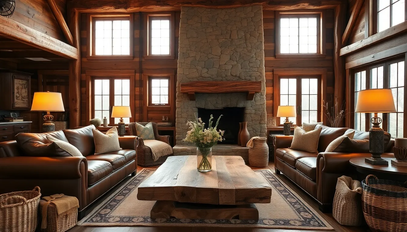 cozy rustic living room with wooden beams and a stone fireplace.