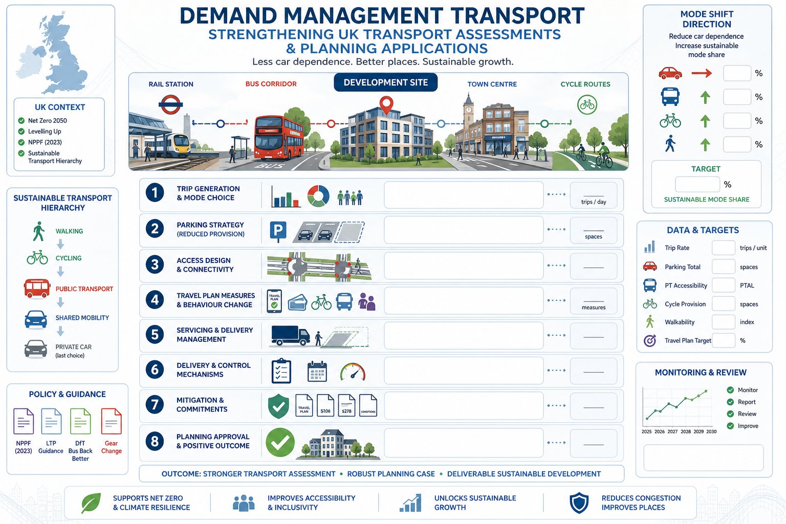 Infographic of demand management shaping UK transport planning and development approval.