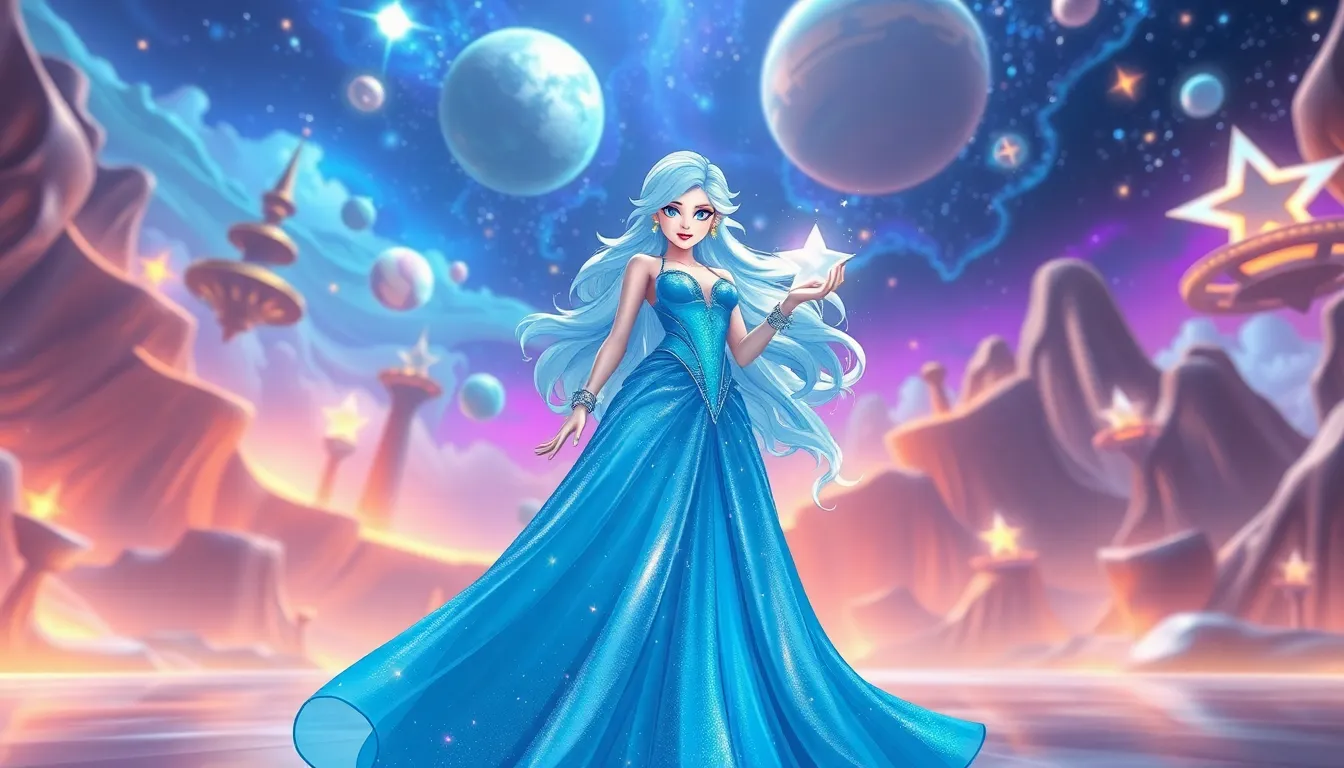 Rosalina in a starry gown, holding a glowing star in a 4D game landscape.