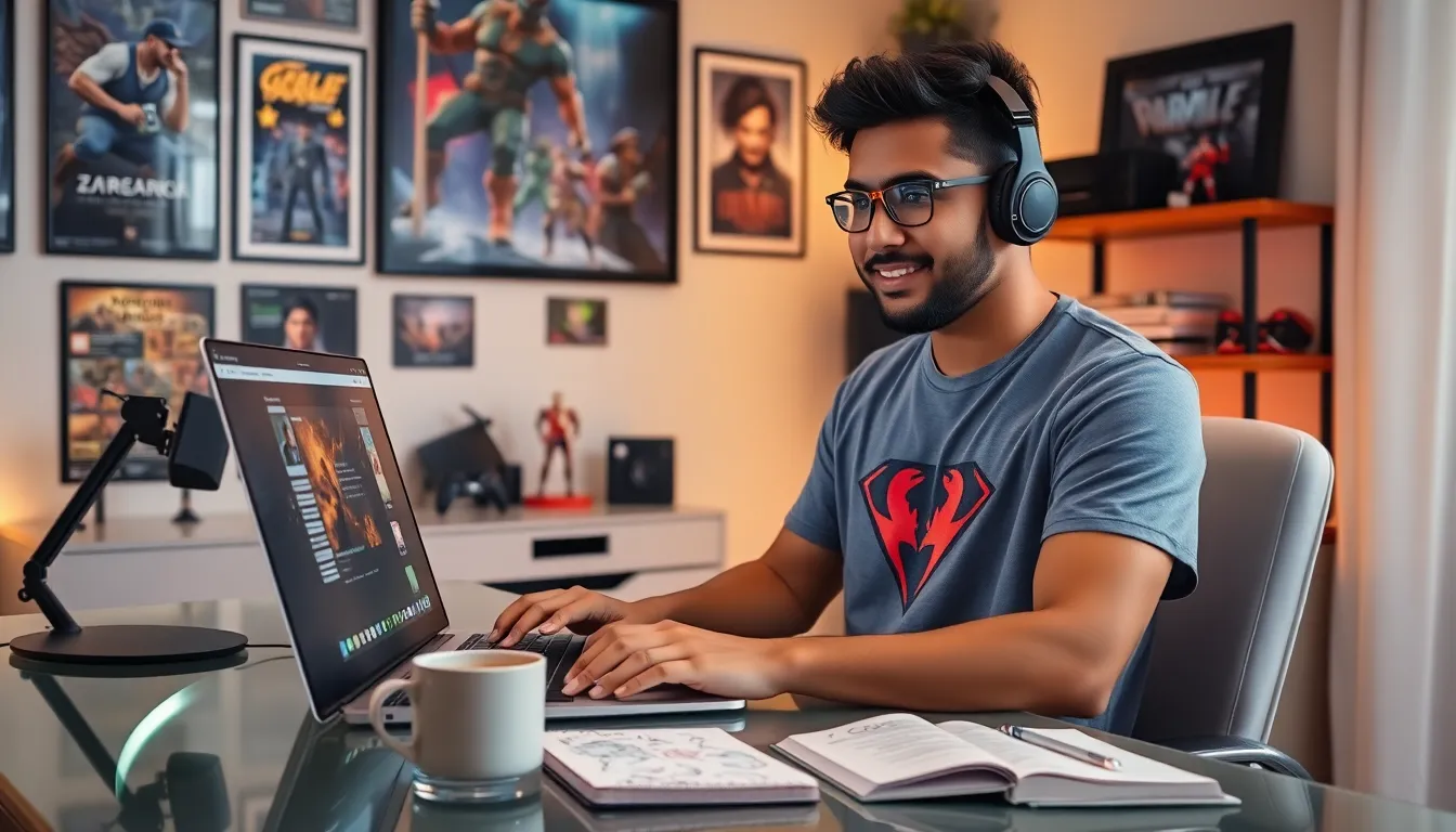 A young man engaging with an online gaming community in a cozy home office.