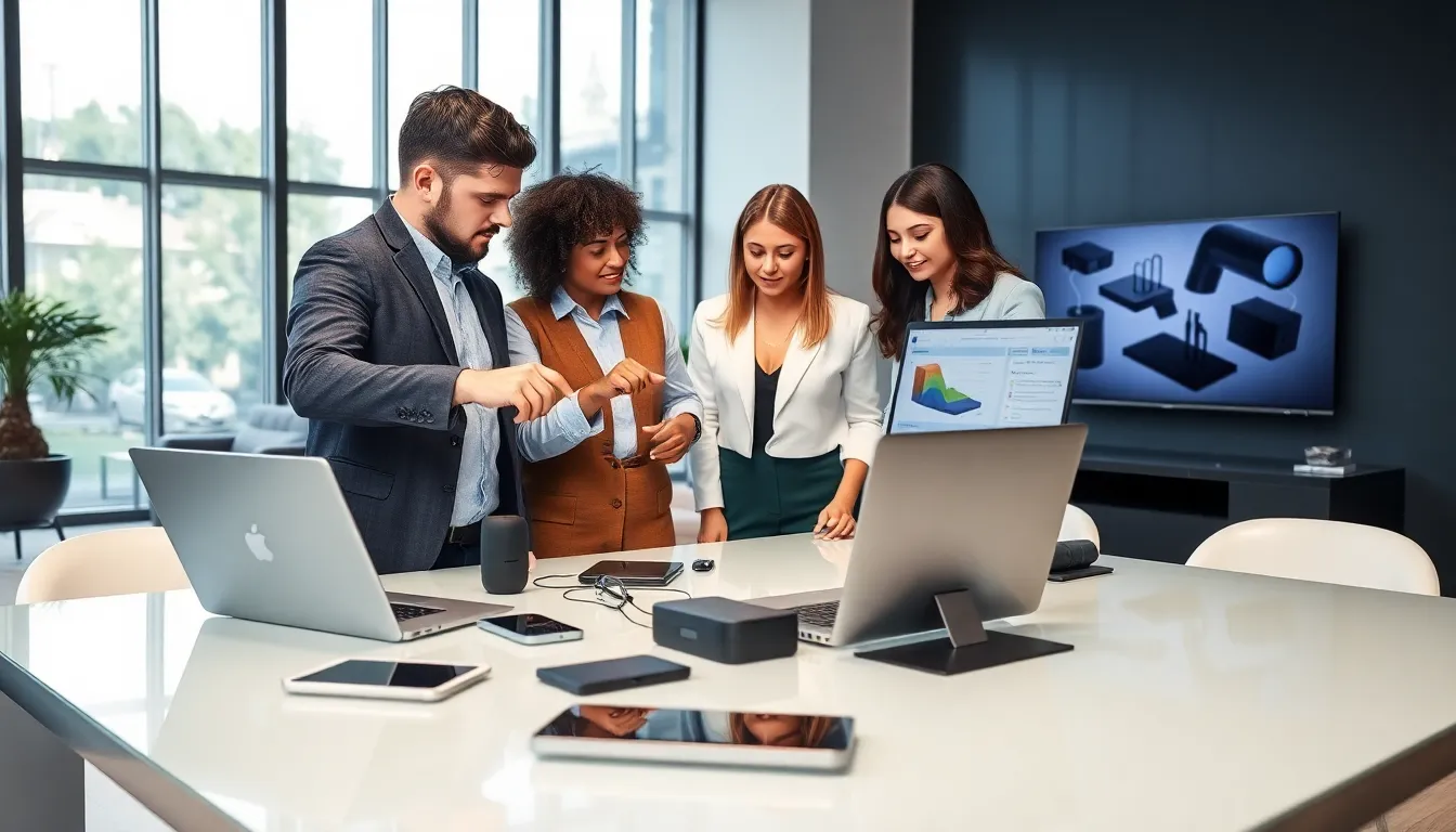 diverse team discussing consumer electronics in a modern office.