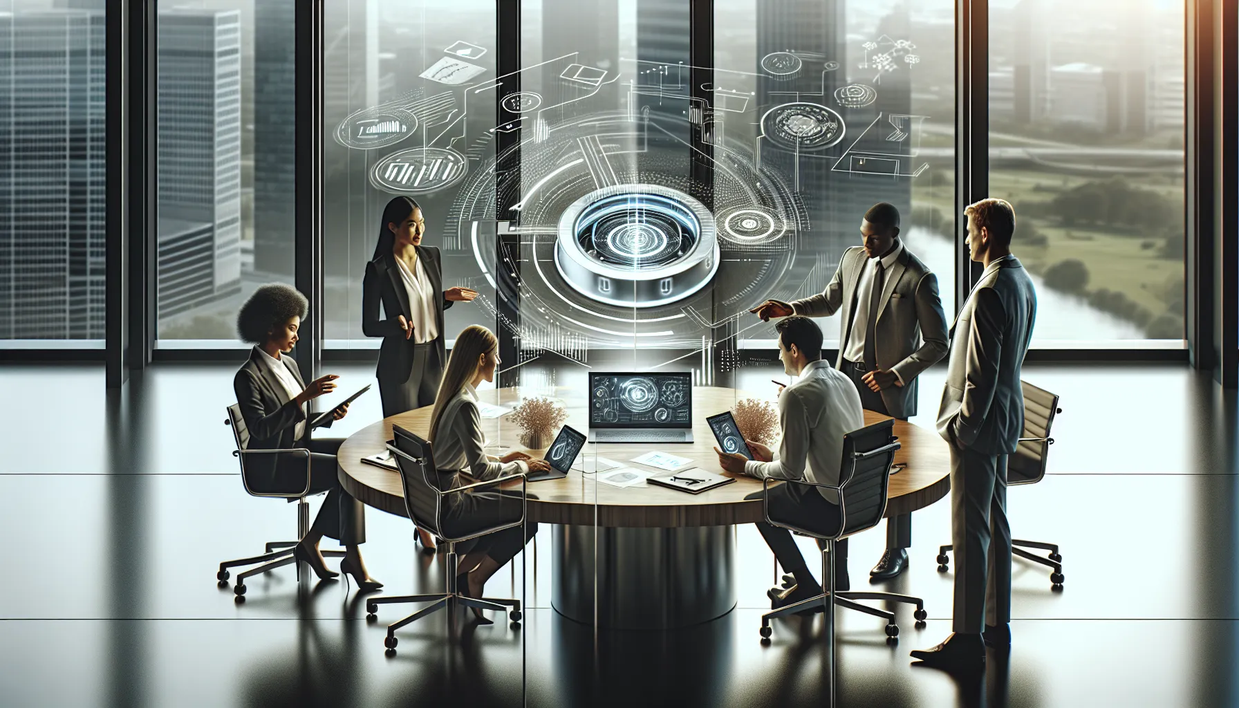 diverse team collaborating in a modern office on a communication module.