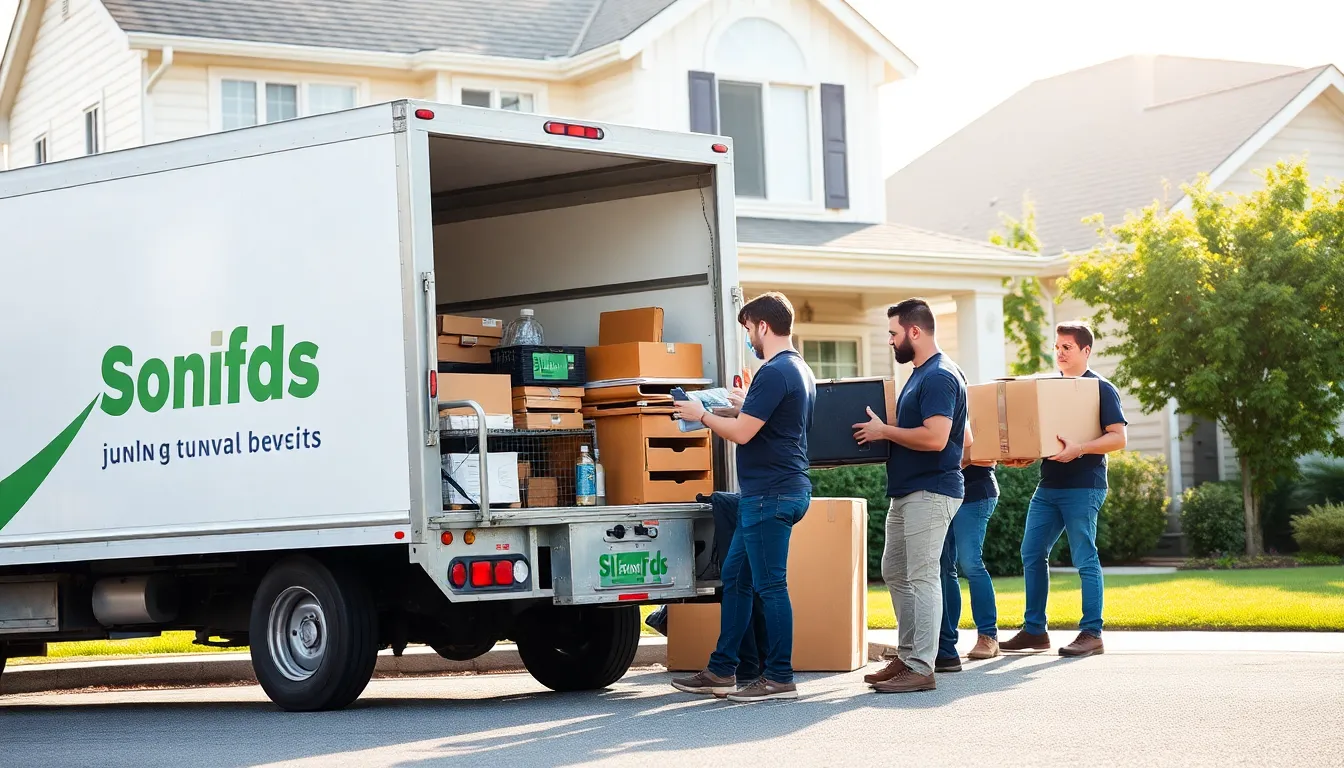 diverse junk haulers in uniform loading items into a truck.
