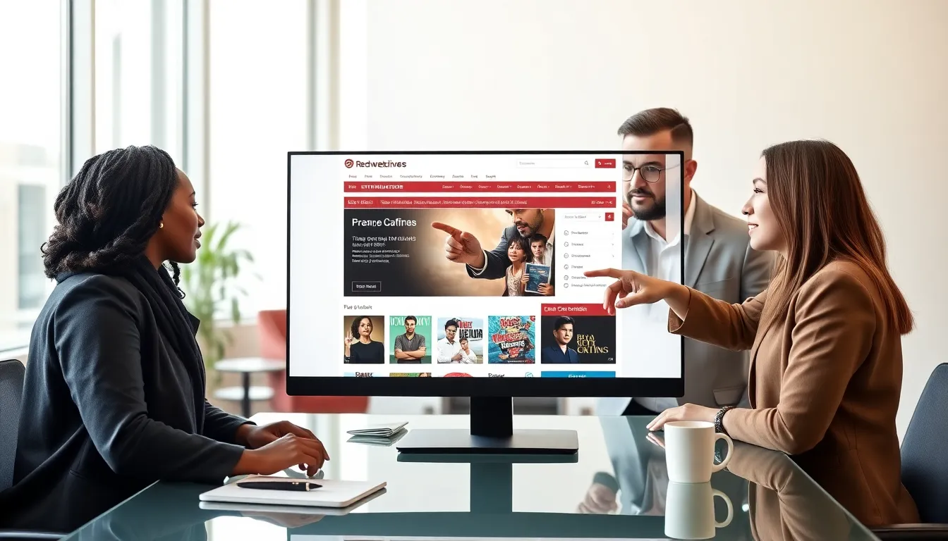 diverse team discussing entertainment archives in a modern office.