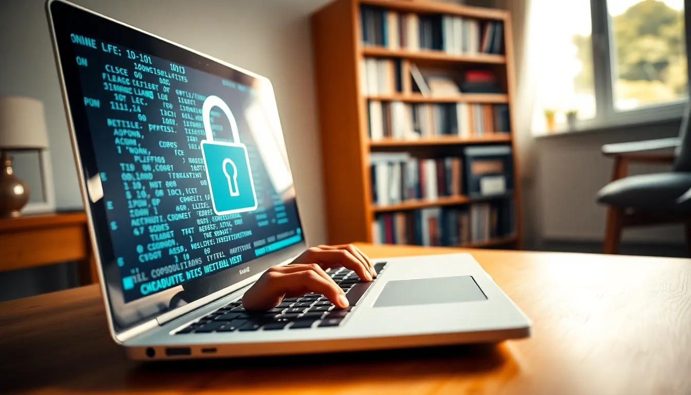 a close-up of a laptop showing a digital lock icon in a home office.