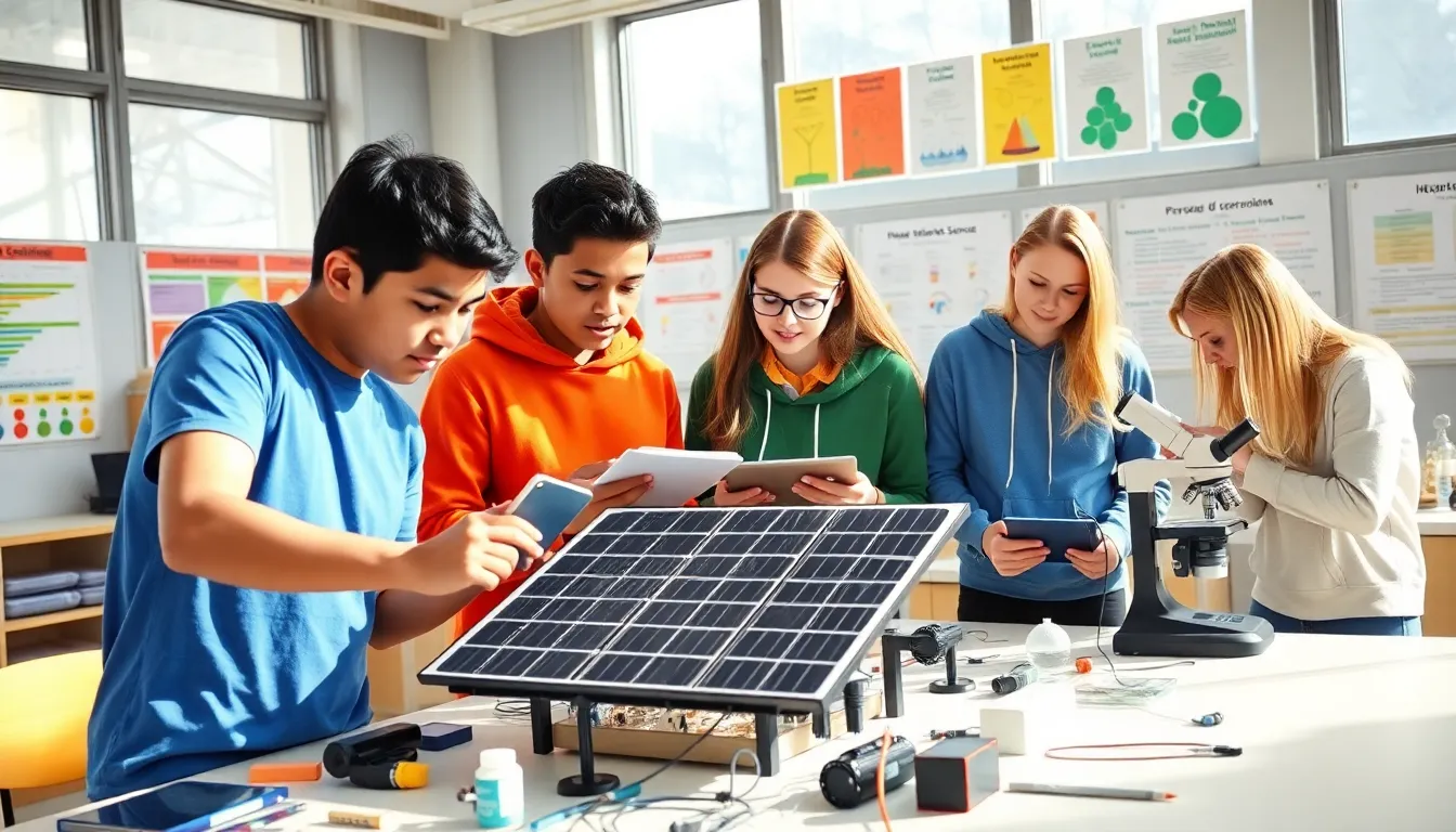 students collaborating on a science project in a modern classroom.