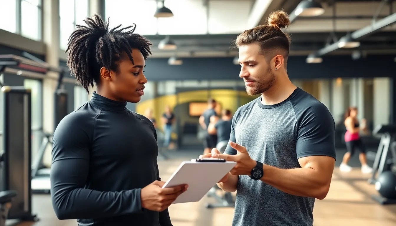 personal trainer assisting a client in a modern gym setting.
