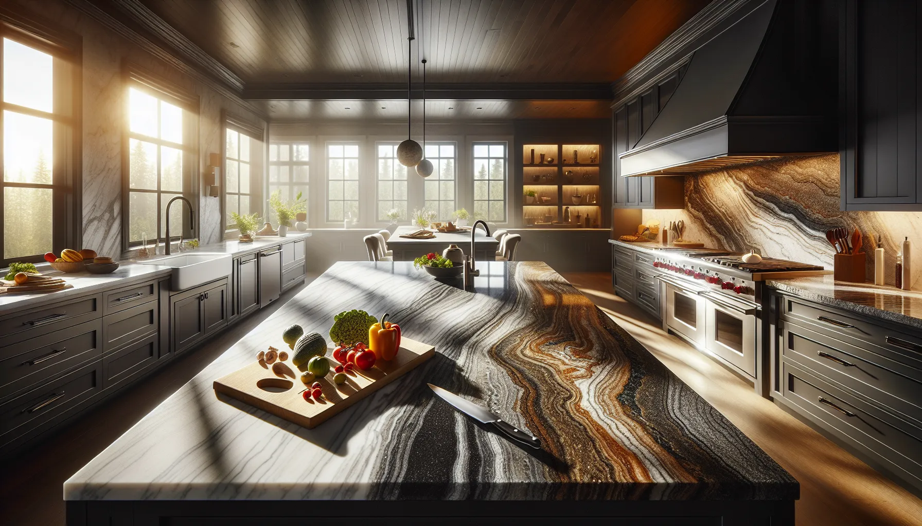 a modern kitchen featuring quartz and granite countertops side by side.