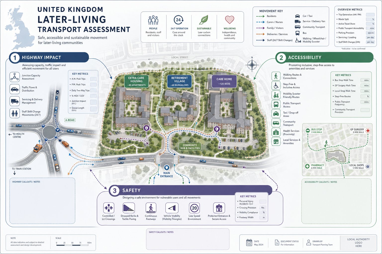 Infographic showing transport needs for UK later living and care developments.
