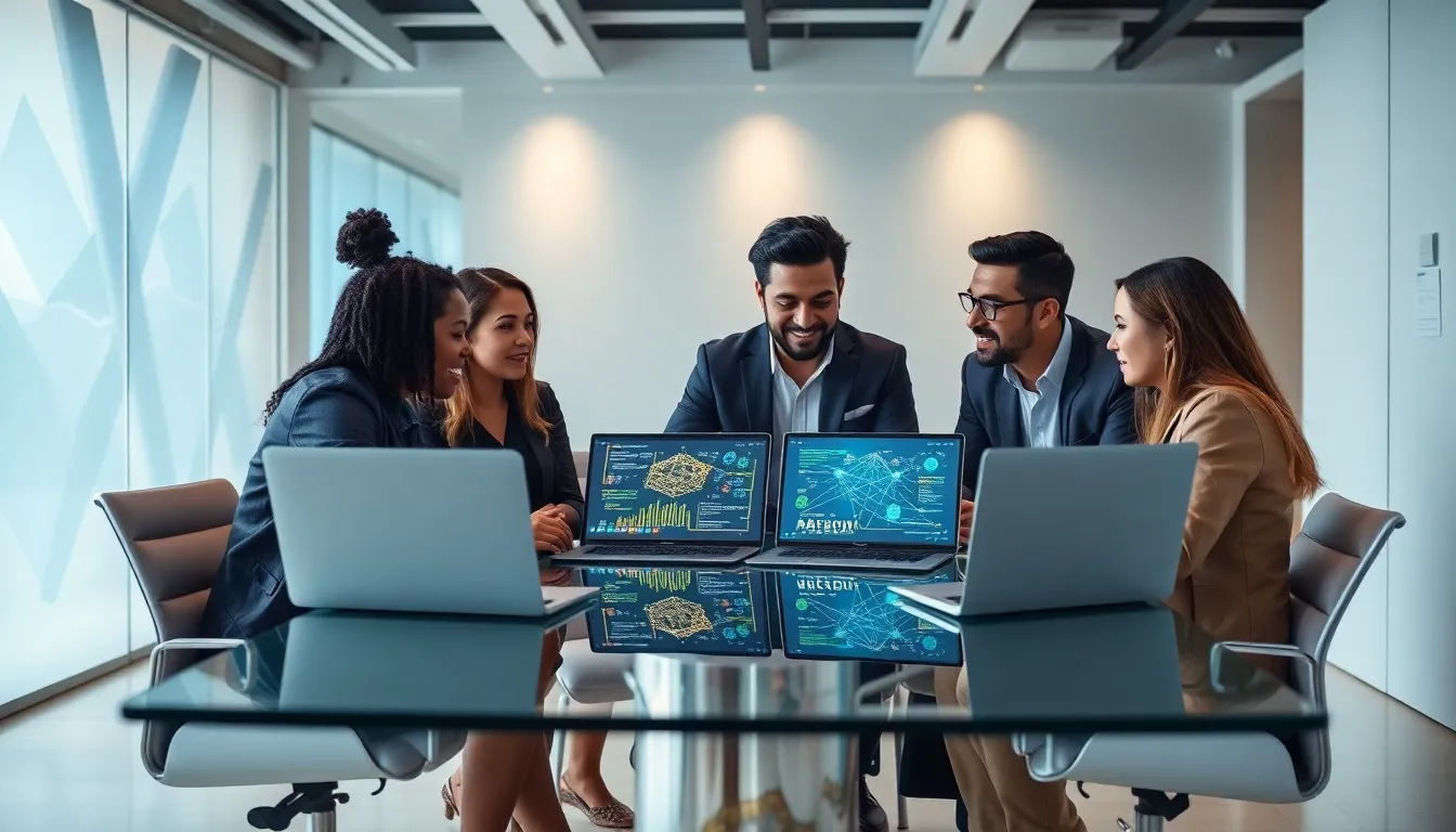 diverse team collaborating on Web3 game development in a modern office.