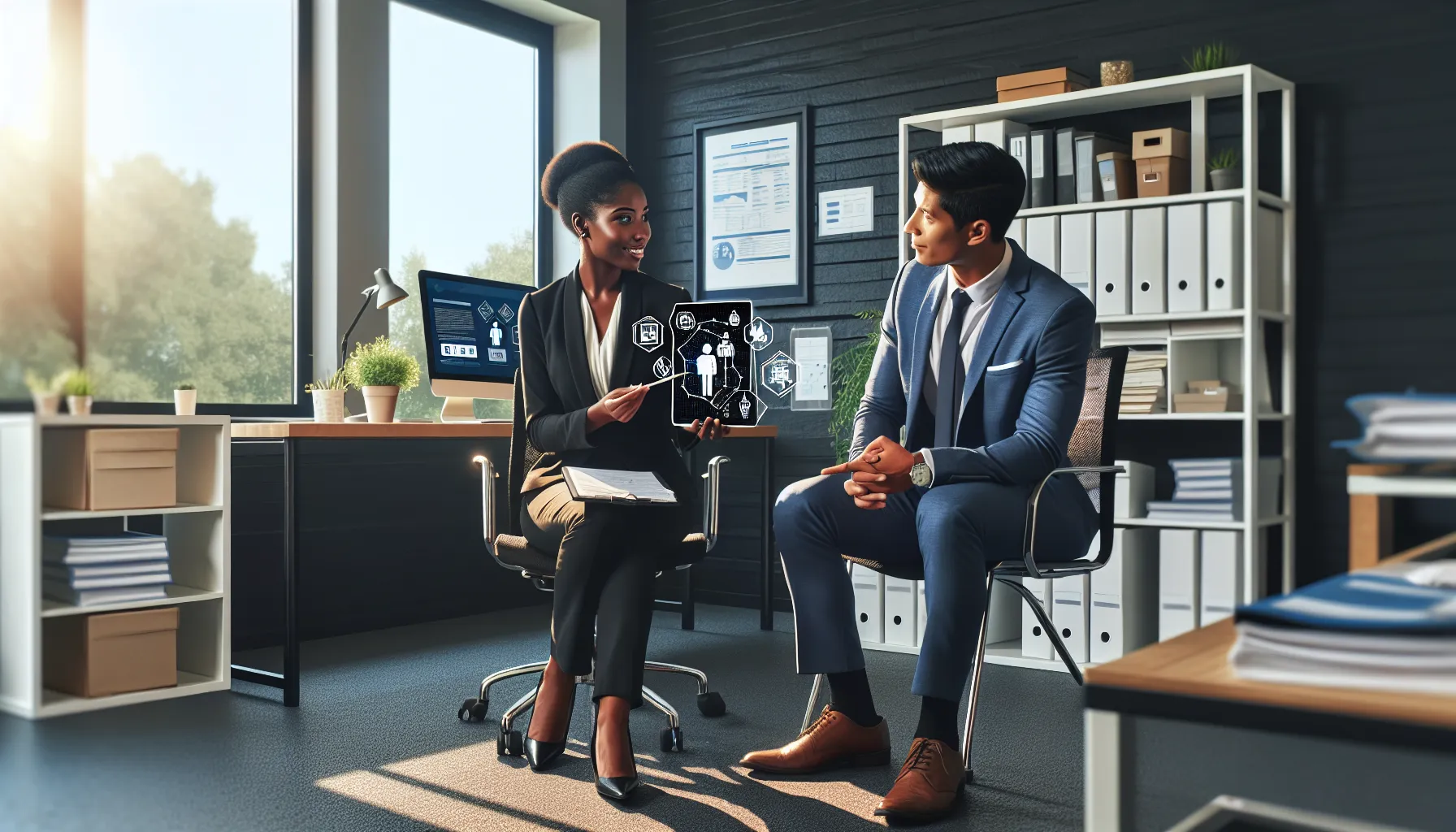 Two professionals discussing auto insurance options in an office setting.