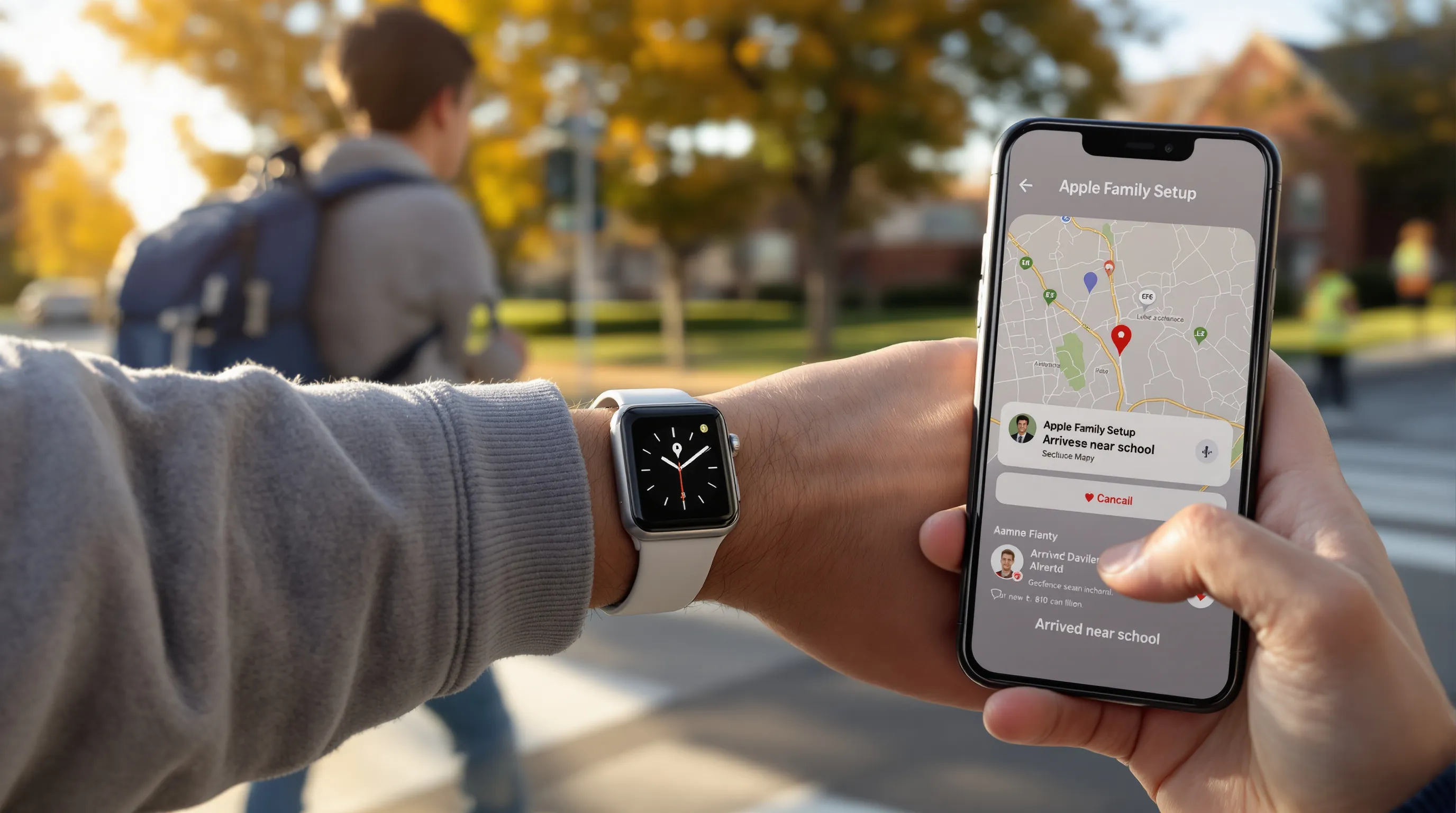 Child wearing Apple Watch SE while parent views location alert on iPhone.