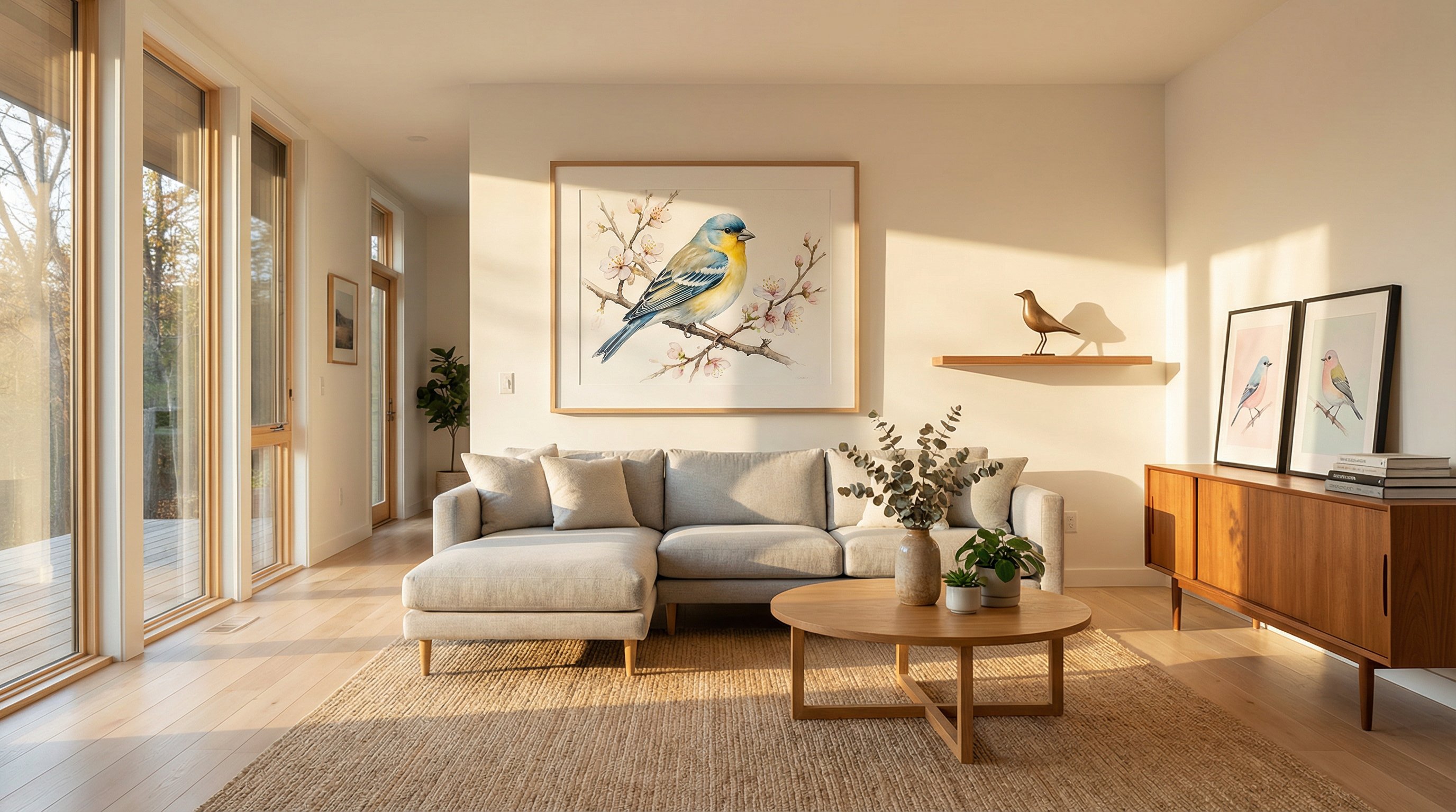Framed watercolor bird art displayed in a bright, modern living room.