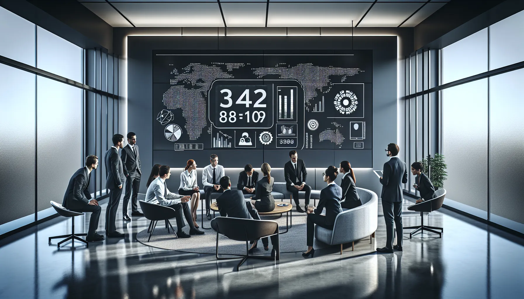 professionals discussing the significance of the number 3421898109 in an office.