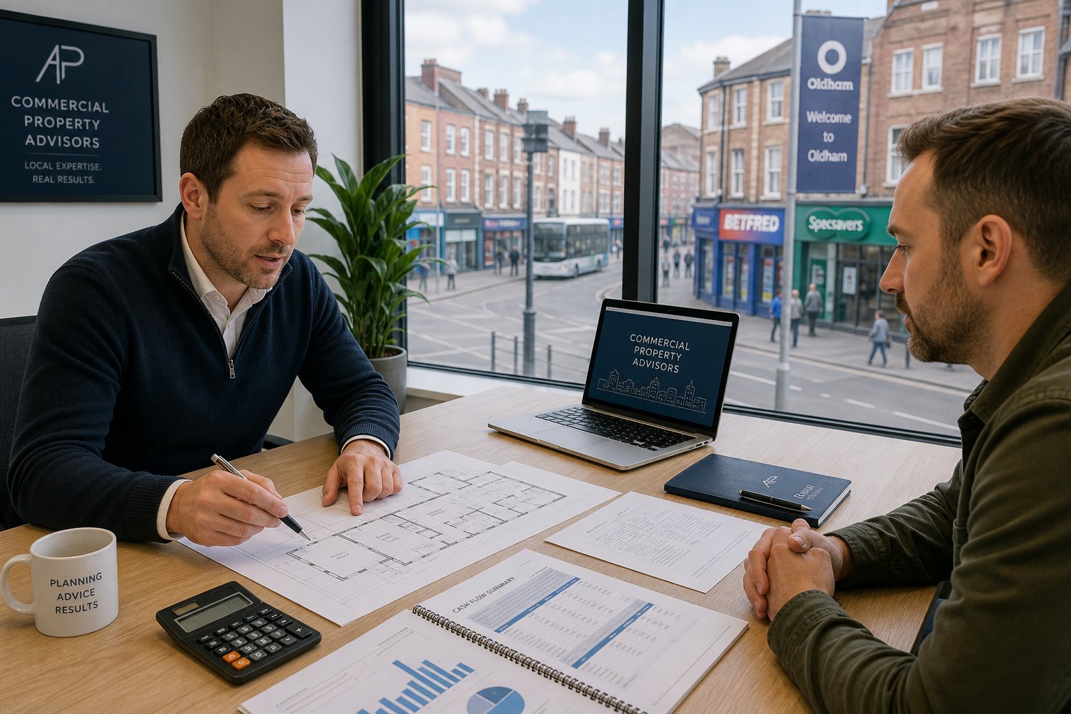 Advisor and client reviewing commercial property finance documents in a modern office with an Oldham street view.