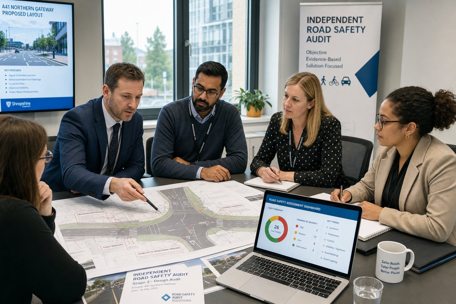 Road safety consultants reviewing plans with local authority team in a modern office.