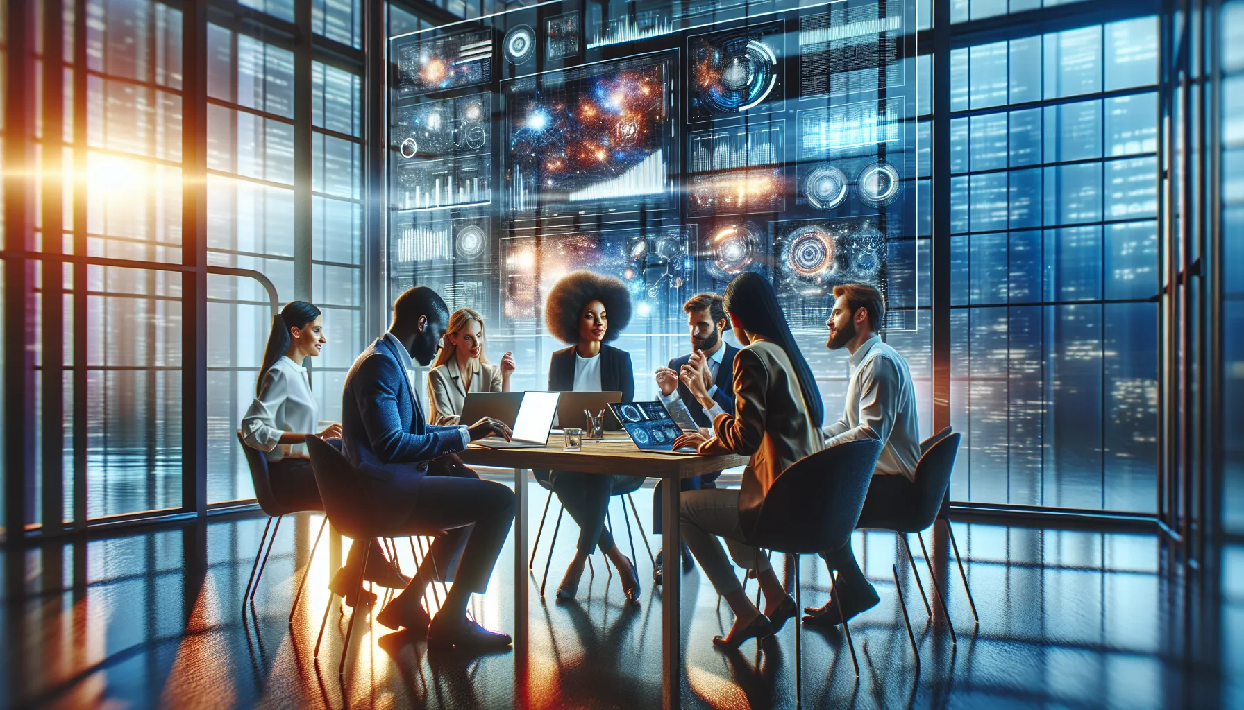 diverse team collaborating in a bright, modern office.