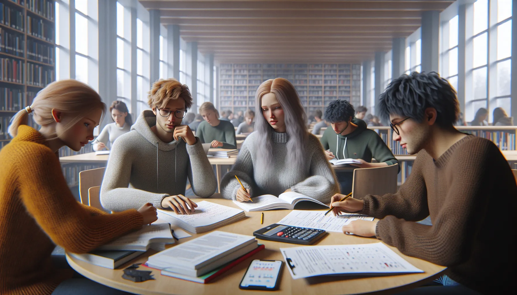 Students in a norwegian library study room working in a structured study group.