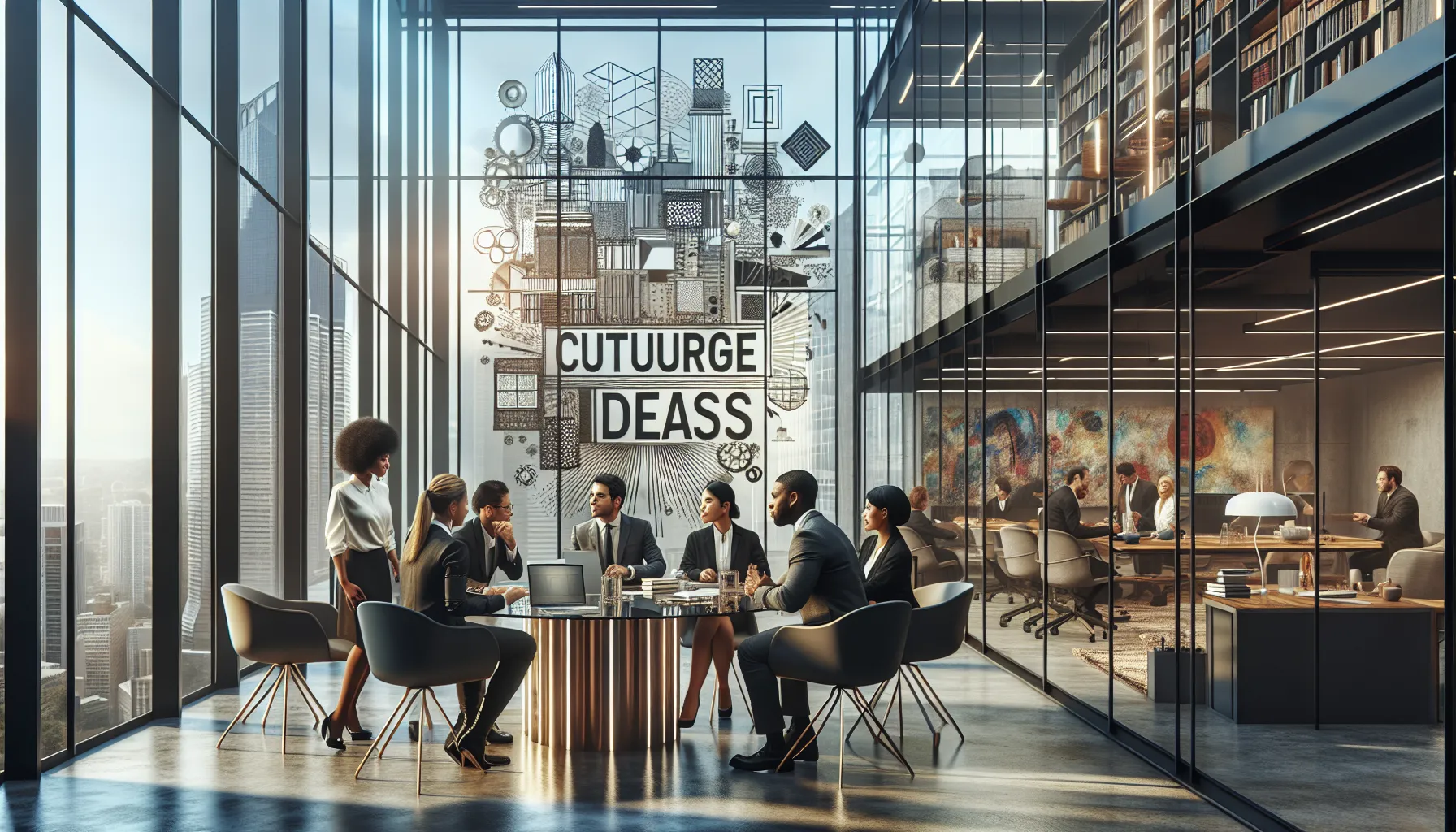 diverse professionals discussing cultural themes in a modern office.