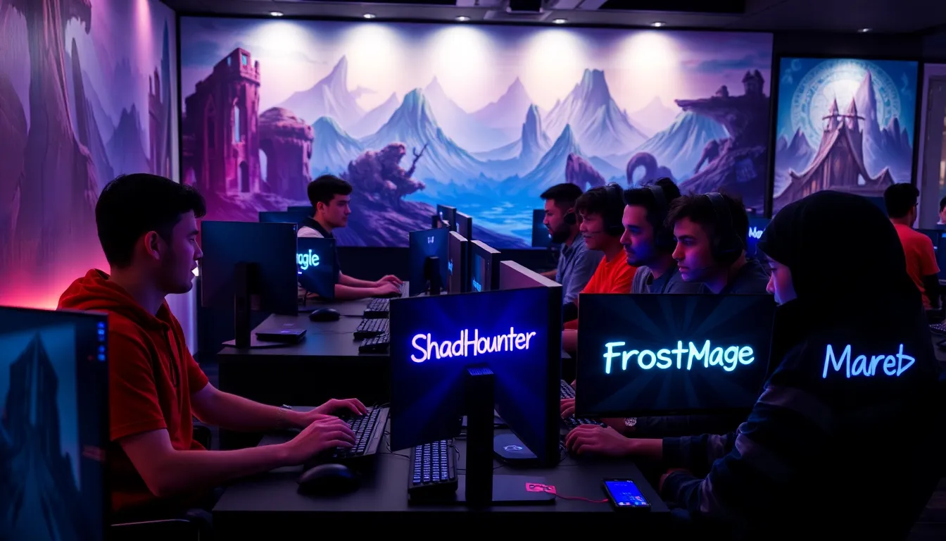 diverse gamers showcasing unique character names in a modern gaming lounge.