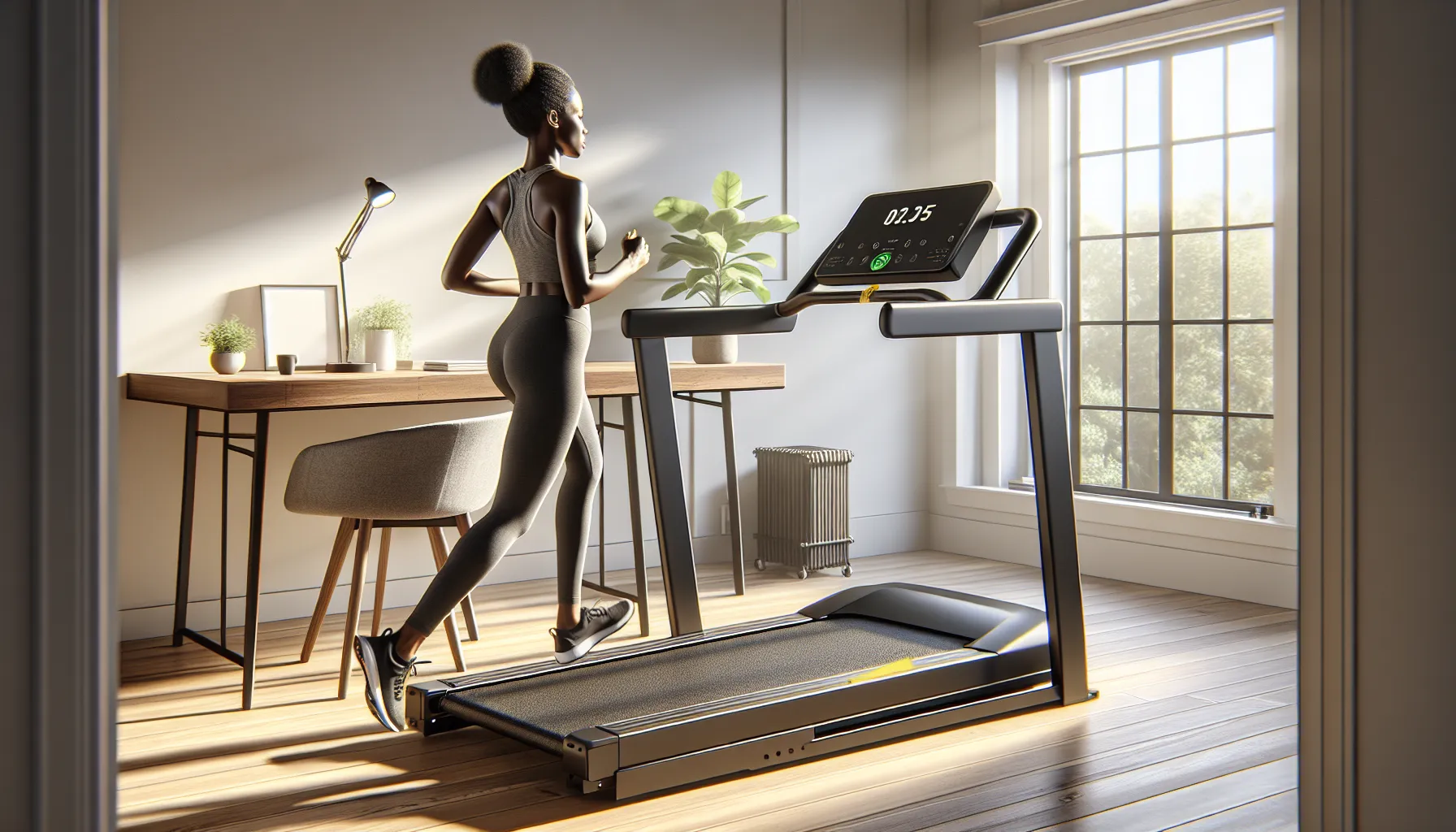 Woman jogging on an under-desk treadmill in a bright home office.