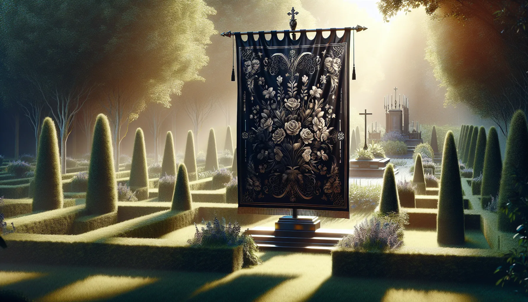 A memorial flag representing mourning and remembrance in a serene garden.