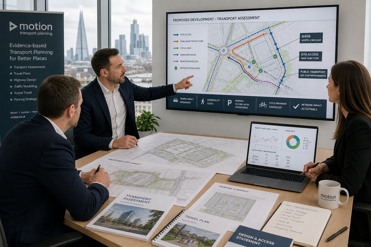 Transport consultants reviewing planning and traffic documents in a modern office.
