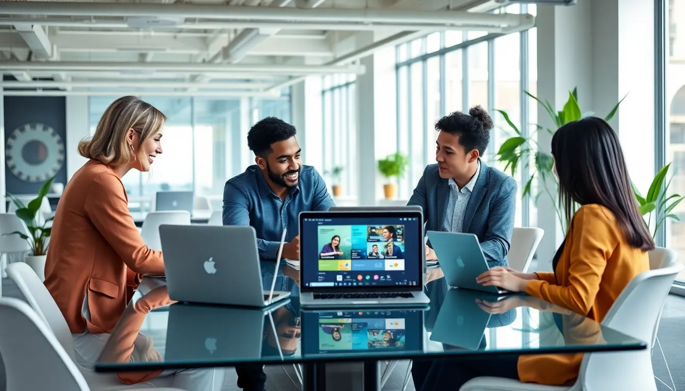 diverse team collaborating in a modern tech office.