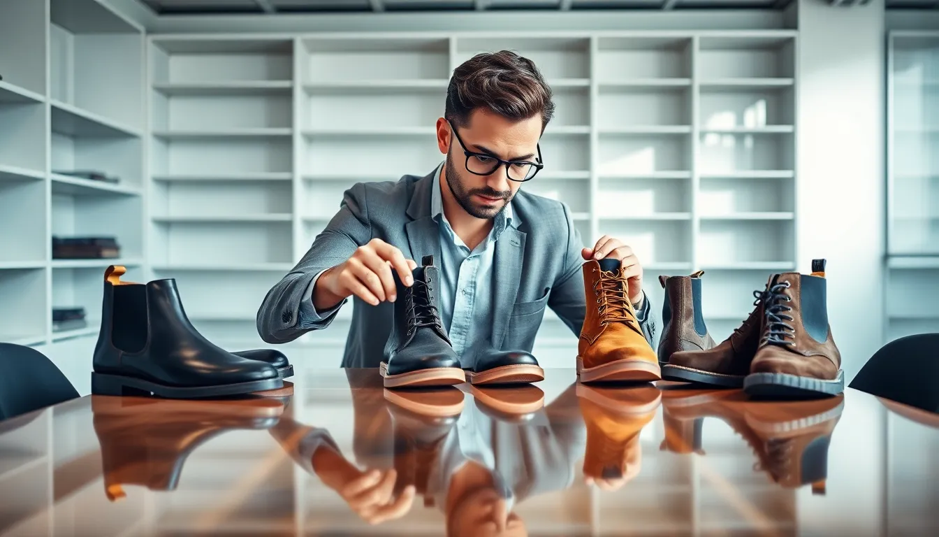 male stylist arranging Chelsea boots in a modern office.